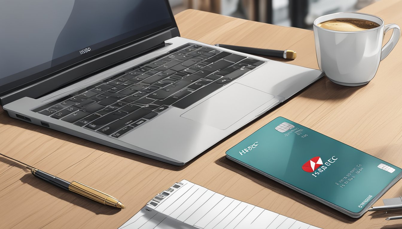 The HSBC Revolution credit card sits on a sleek, modern desk with a laptop and smartphone nearby. The card's logo is prominently displayed, and the fee information is visible
