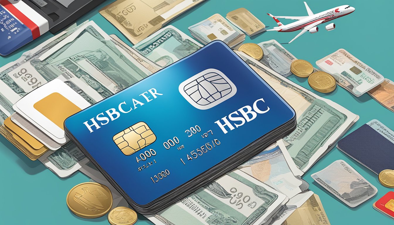 The scene depicts a sleek HSBC Revolution credit card surrounded by various travel-related items such as a passport, plane tickets, and travel insurance documents