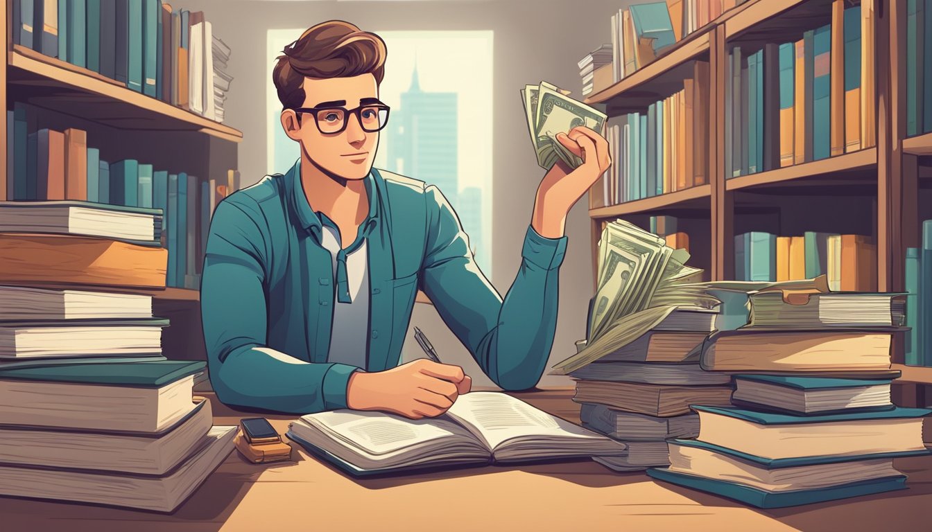 A student sits at a desk, surrounded by books and papers. A moneylender stands nearby, offering a tempting loan with high interest rates
