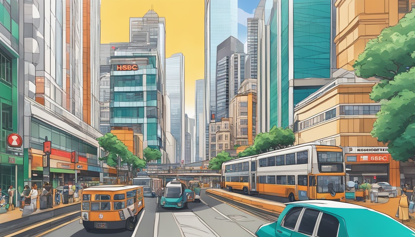 A vibrant cityscape with the iconic HSBC building in the background, showcasing the hustle and bustle of Singapore's urban landscape