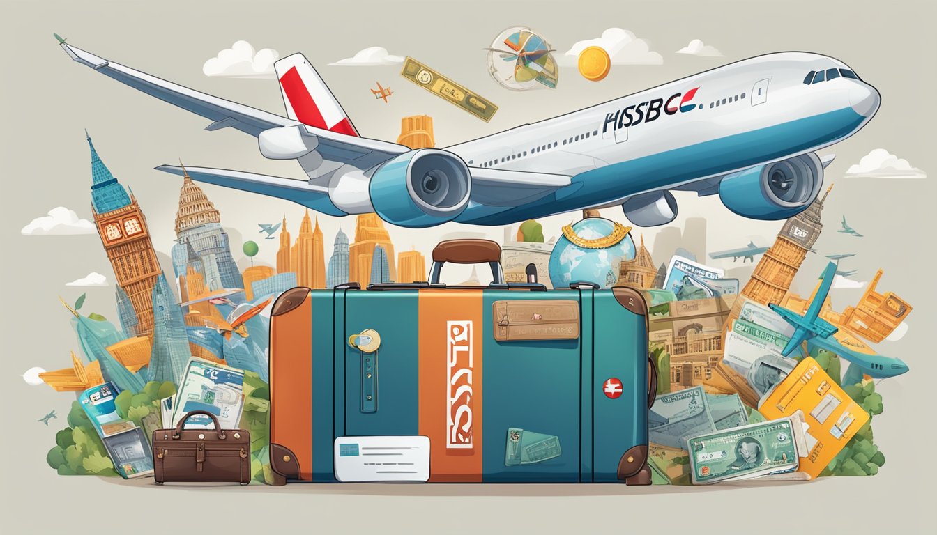 A credit card with "HSBC Revolution" logo surrounded by travel-related icons like planes, suitcases, and landmarks
