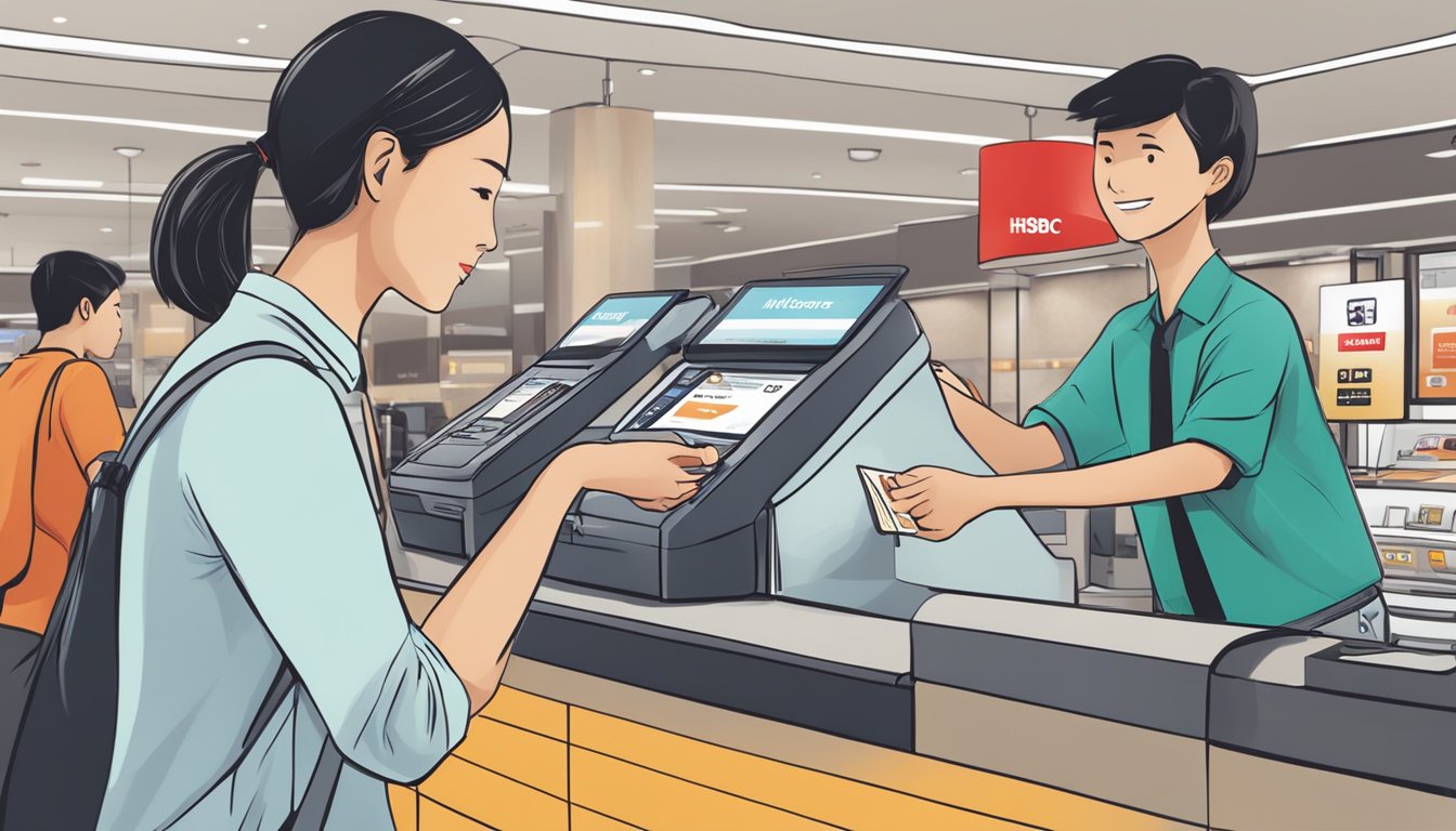 A person swiping a HSBC Revolution credit card at a travel rewards redemption counter, with a sign displaying "Miles Conversion" and "Singapore" in the background