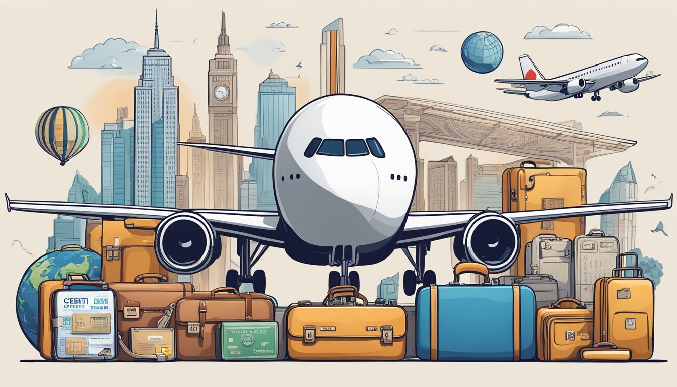 A credit card with the HSBC logo, surrounded by travel-related symbols like airplanes, suitcases, and landmarks. Financial requirement details displayed prominently