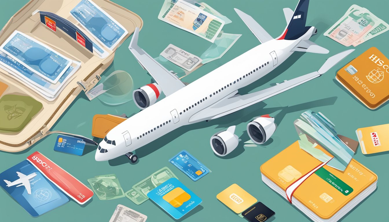A passport, a plane ticket, and a stack of credit cards with the HSBC logo, surrounded by iconic travel symbols like a suitcase, camera, and globe