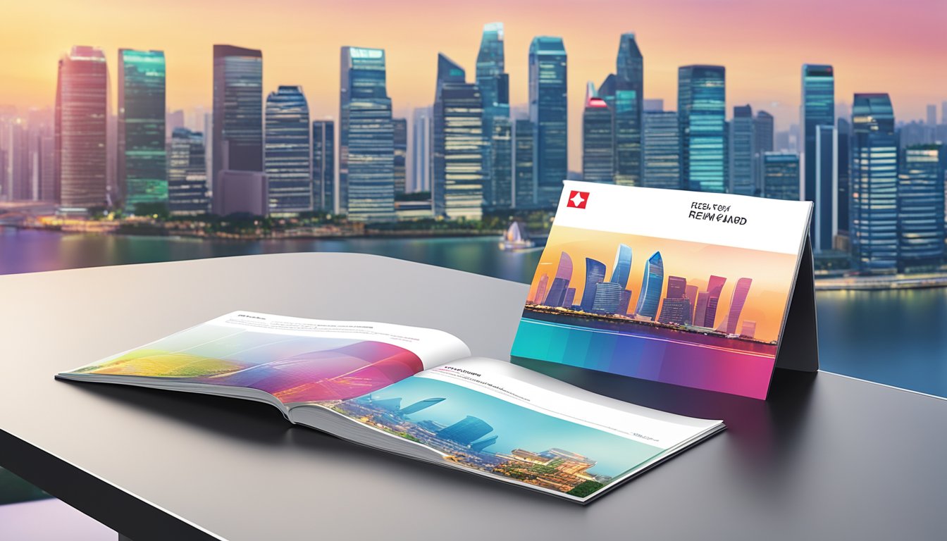 A colorful HSBC reward points catalogue displayed on a sleek, modern table with the Singapore skyline in the background