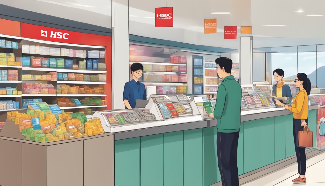 A person redeeming HSBC reward points at a Singapore store. Items on display with a reward points sign, cashier processing the transaction