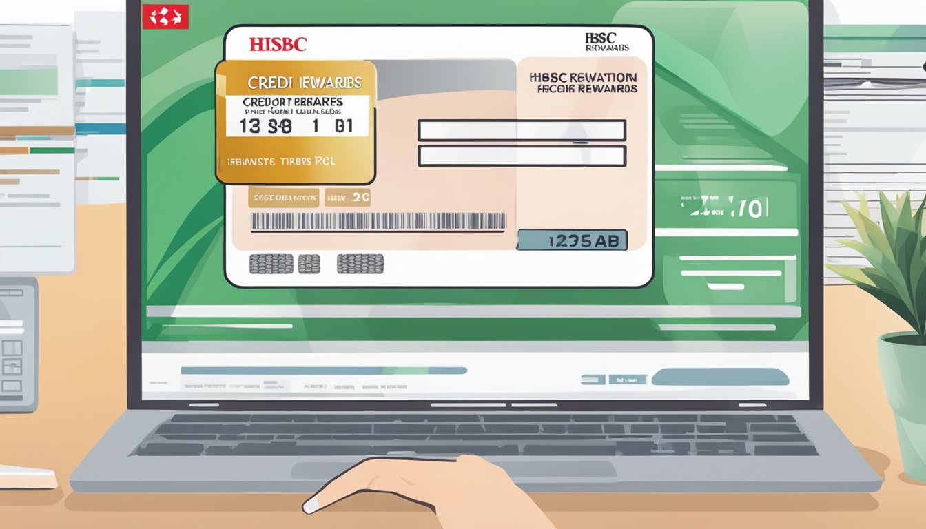 A hand holding a credit card with "HSBC Rewards" on it, pointing to a computer screen showing a list of redemption options in Singapore