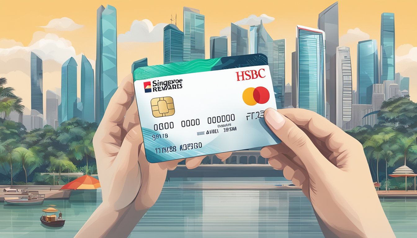 A hand holding a credit card with "HSBC Rewards" and a Singapore skyline in the background, with various rewards like travel, shopping, and dining options floating around it