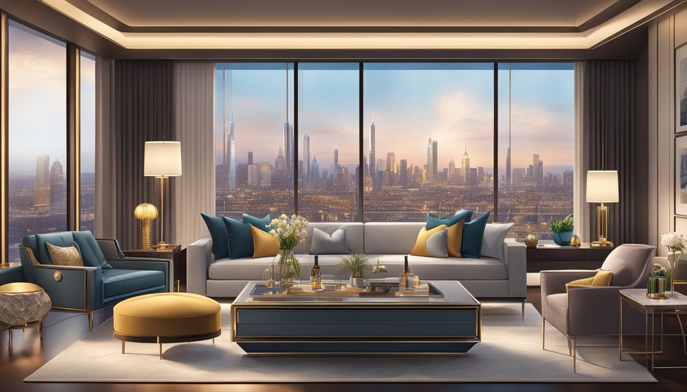 A luxurious lounge with a view of the city skyline, featuring comfortable seating, elegant decor, and a display of exclusive rewards and privileges