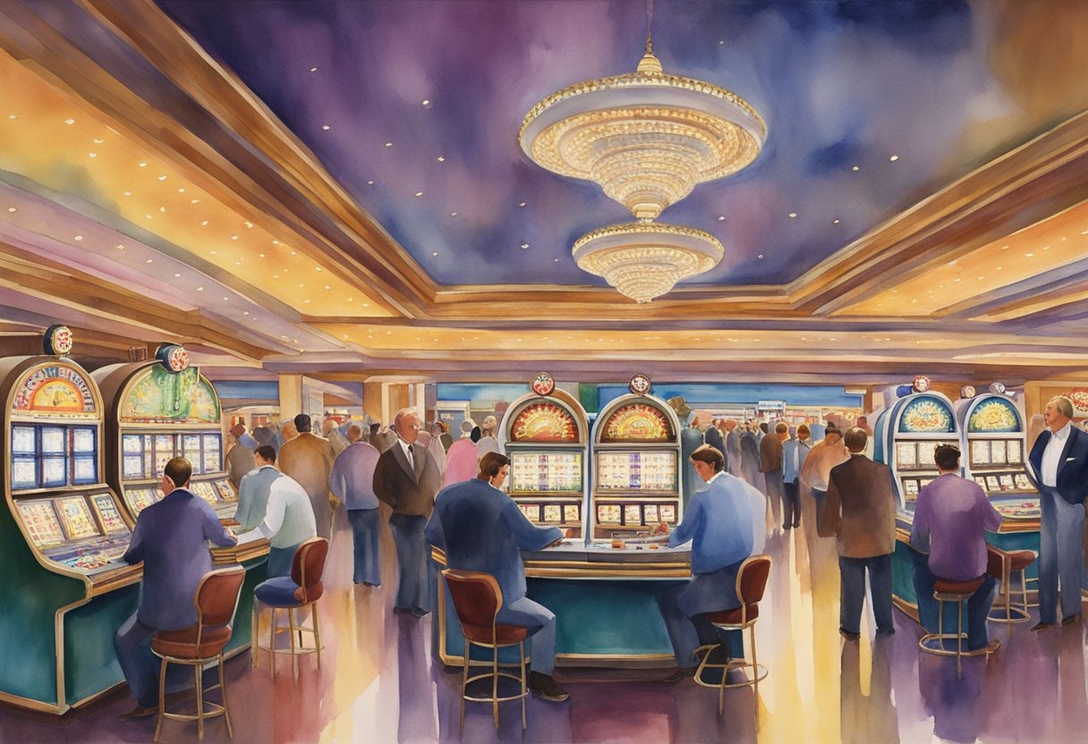 Bright lights illuminate the bustling casino floor, with slot machines flashing and card tables buzzing with activity. The atmosphere is filled with excitement and anticipation as patrons try their luck at the games