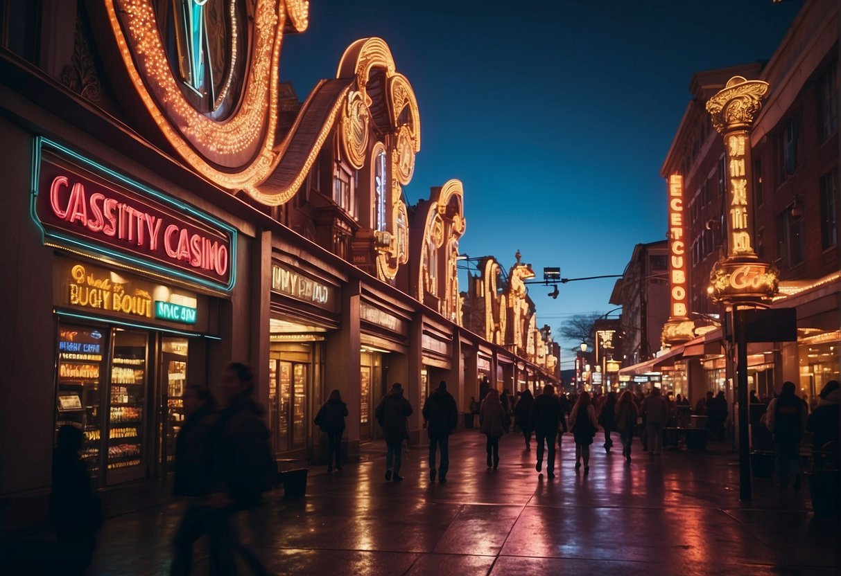 A neon-lit casino sign shines above a bustling street, with people entering and exiting the doors. The words "JeetCity Casino No Deposit Bonus" stand out in bright, bold letters, drawing in passersby