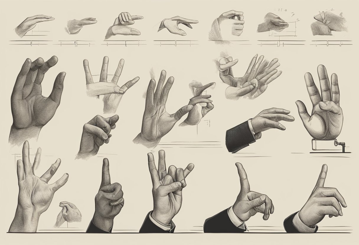 A timeline of sign language evolution, from ancient gestures to modern signs, depicted in a series of images