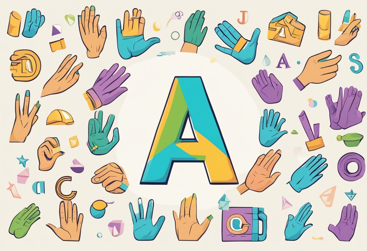 A hand forming the letter "A" in sign language, surrounded by visual aids and resources for learning the sign language alphabet