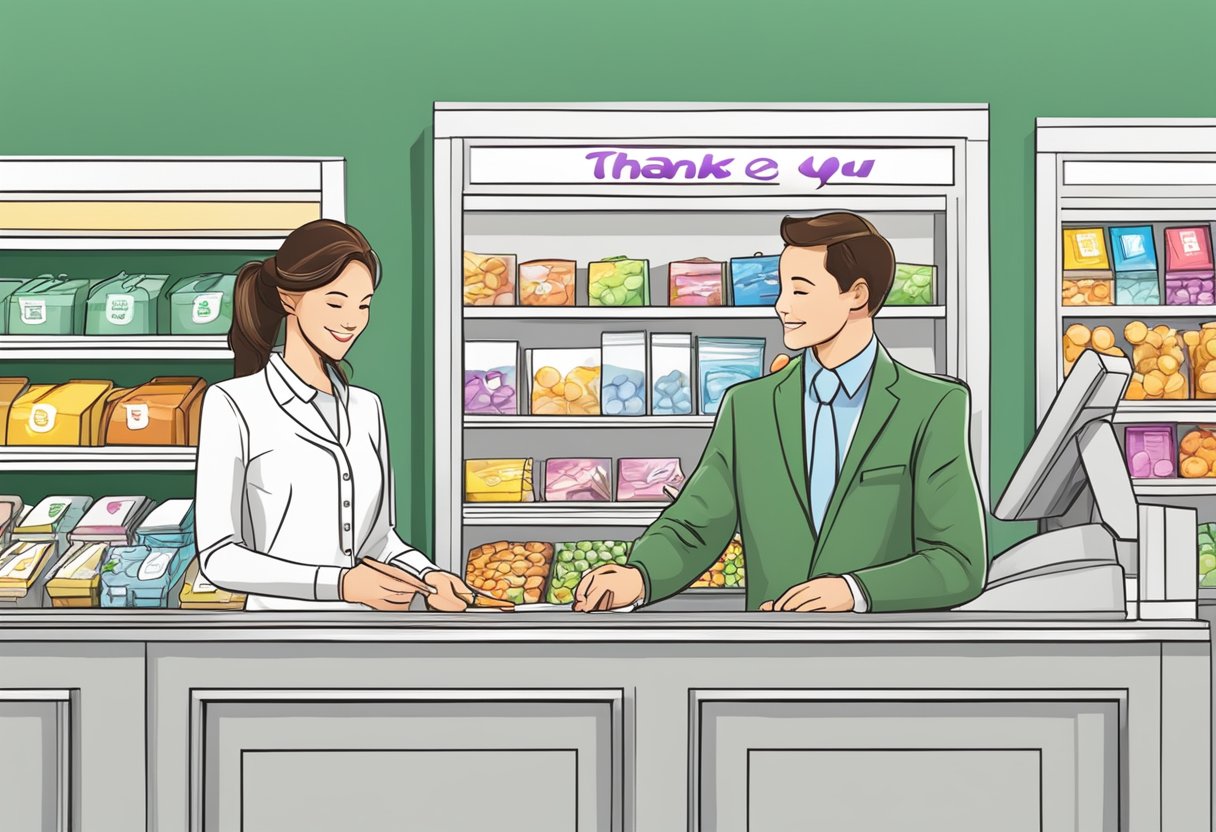 A person signs "thank you" to a cashier