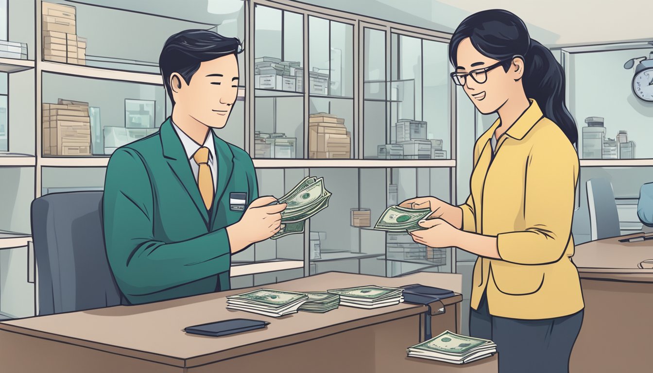 A person receiving money from a moneylender in Singapore for medical emergencies