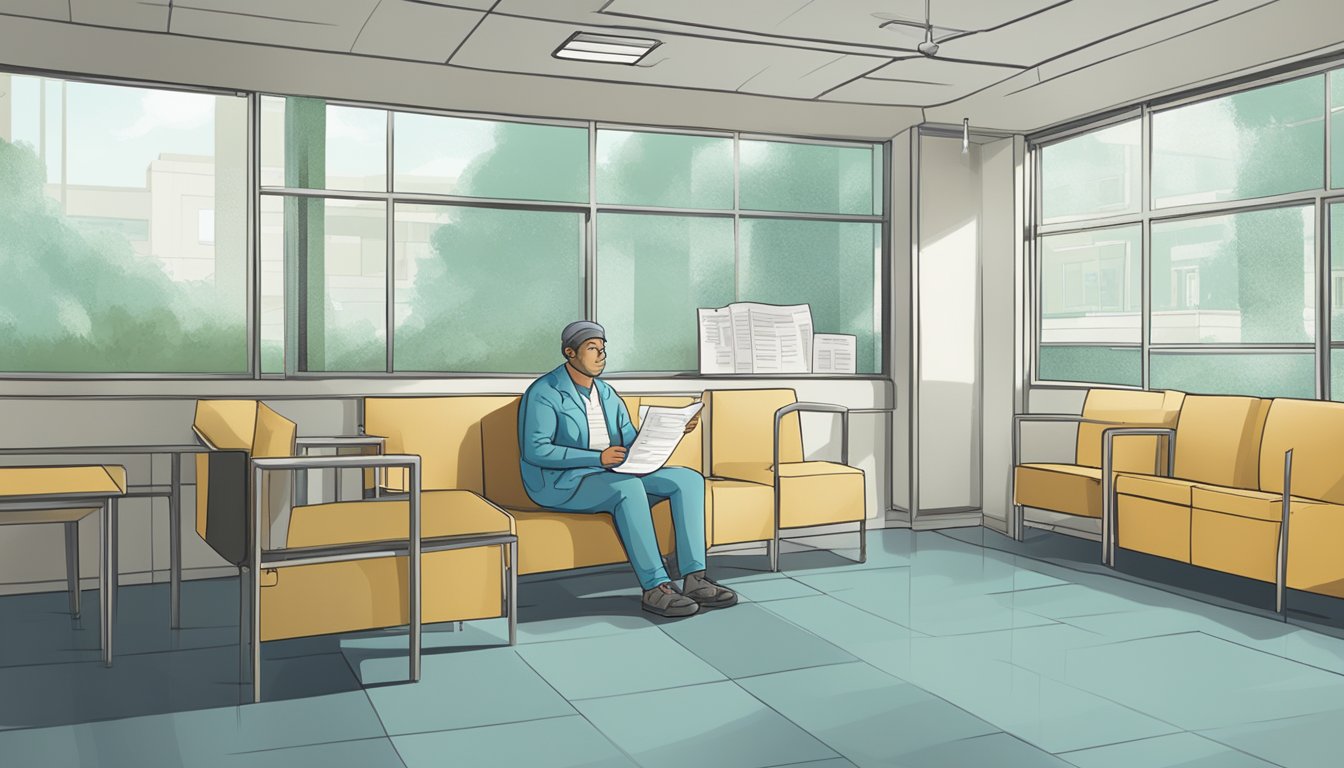 A person sitting in a hospital waiting room, holding a medical bill and looking concerned. A moneylender's sign is visible through the window