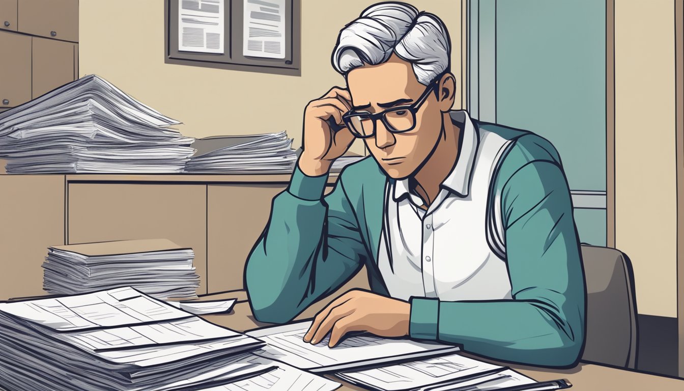 A person sitting at a desk filling out a loan application form, with a stack of medical bills and a worried expression on their face