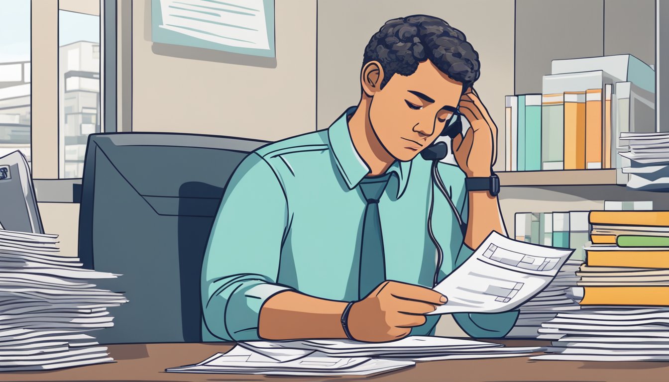 A person sitting at a desk, filling out paperwork with a worried expression. A stack of medical bills and a phone with a list of moneylenders are visible