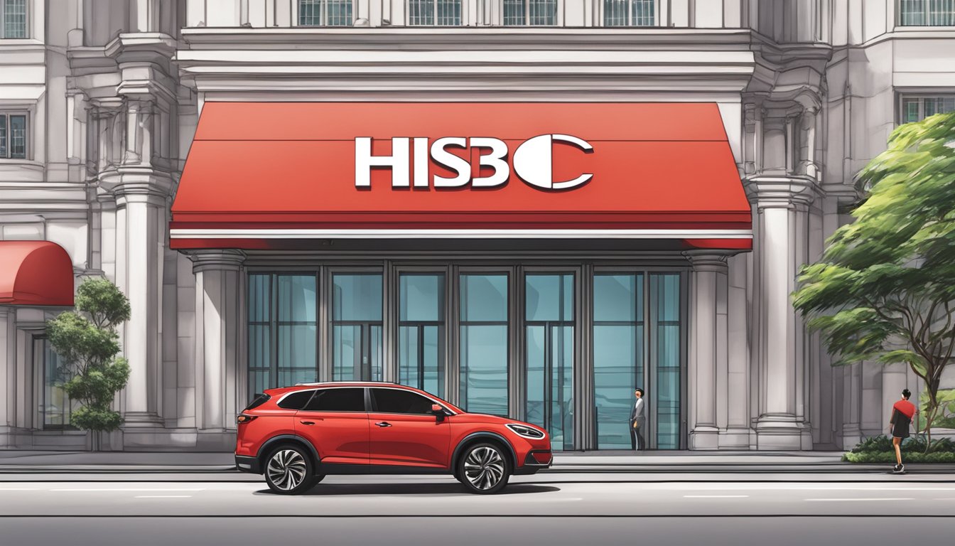 A red car parked outside an HSBC bank in Singapore. The bank's logo is prominent on the building facade
