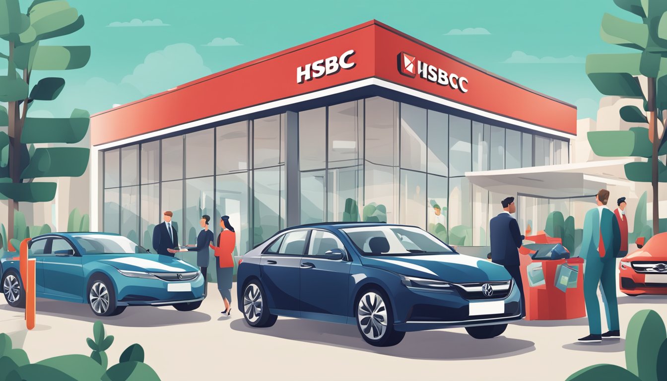 A car dealership with a sign displaying "Interest Rates and Financing Options" next to a sleek HSBC logo. Customers are discussing car loan options with a bank representative