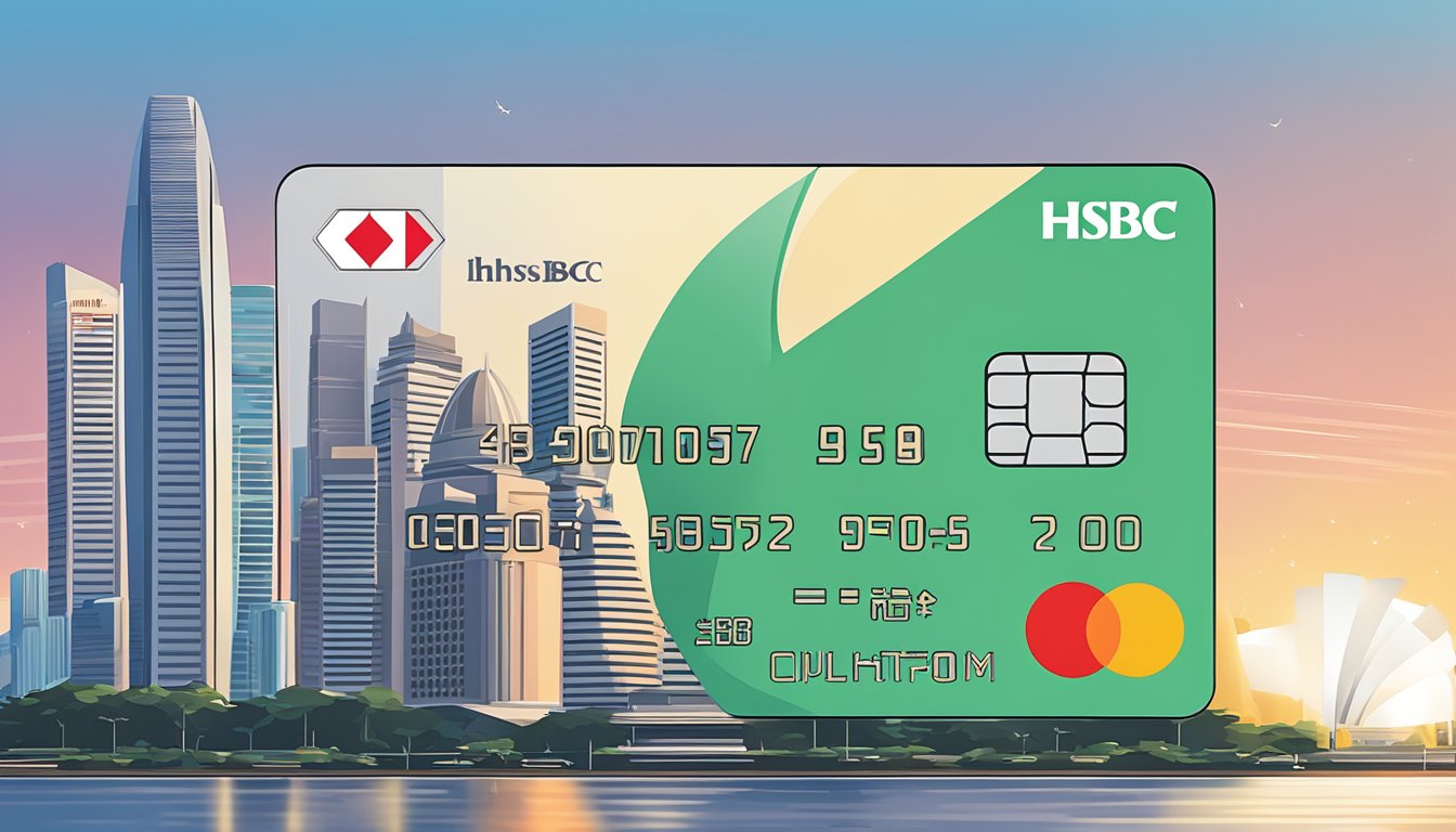 A sleek HSBC credit card sits against the iconic Singapore skyline, with the city's modern architecture and bustling streets in the background