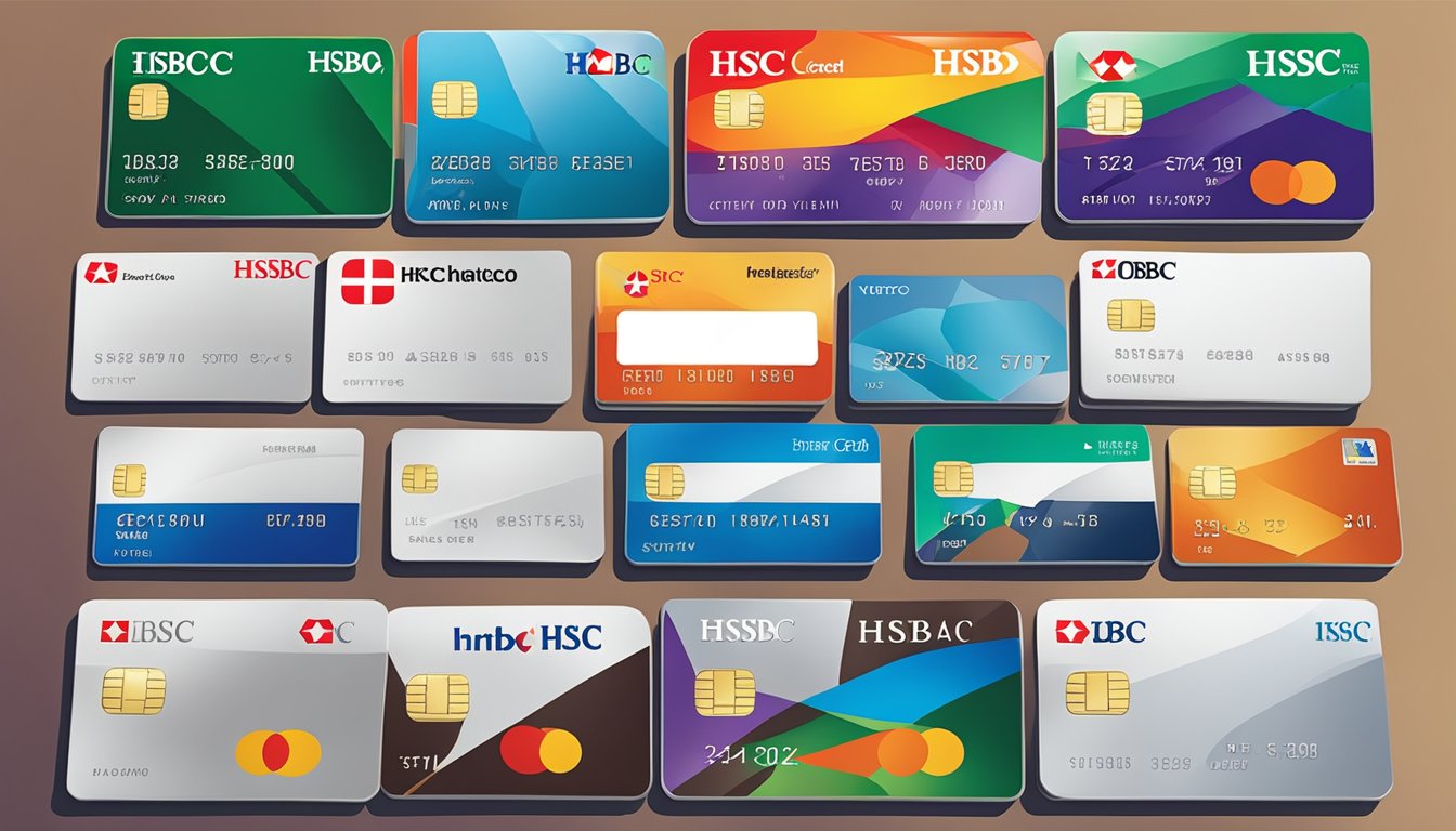 A table displaying various HSBC credit cards in Singapore, with the iconic HSBC logo prominently featured on each card