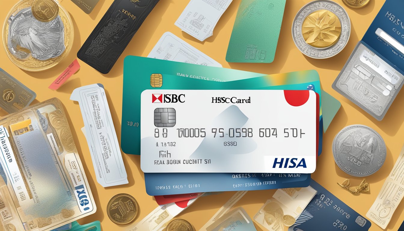A sleek HSBC credit card surrounded by luxury items like travel vouchers, fine dining coupons, and exclusive event tickets
