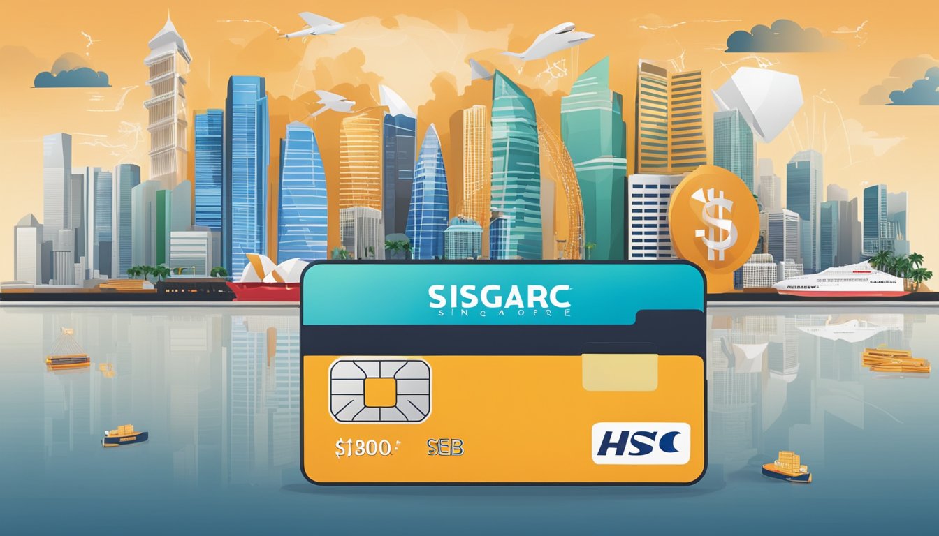 A credit card with "HSBC Singapore" logo surrounded by various fees and charges icons against a backdrop of the Singapore skyline