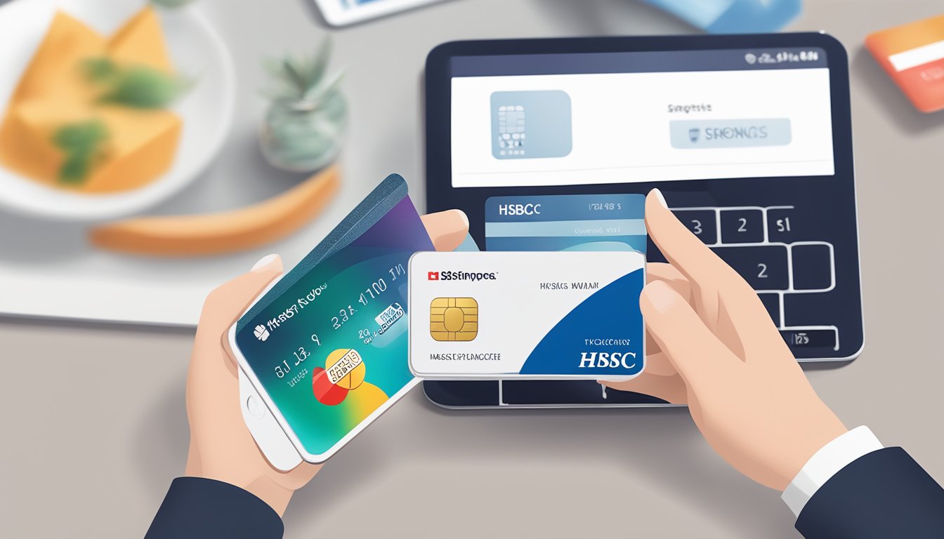 A hand holding an HSBC credit card, with a smartphone displaying the HSBC Singapore app in the background. The card is being managed or used for a transaction
