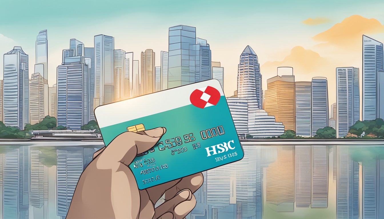A hand holding an HSBC Choice Card against a Singapore city skyline backdrop