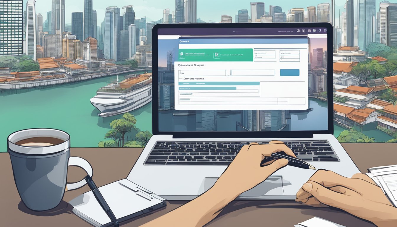A hand holding The Choice Card application form with a pen, a laptop displaying the HSBC website, and a Singapore city skyline in the background