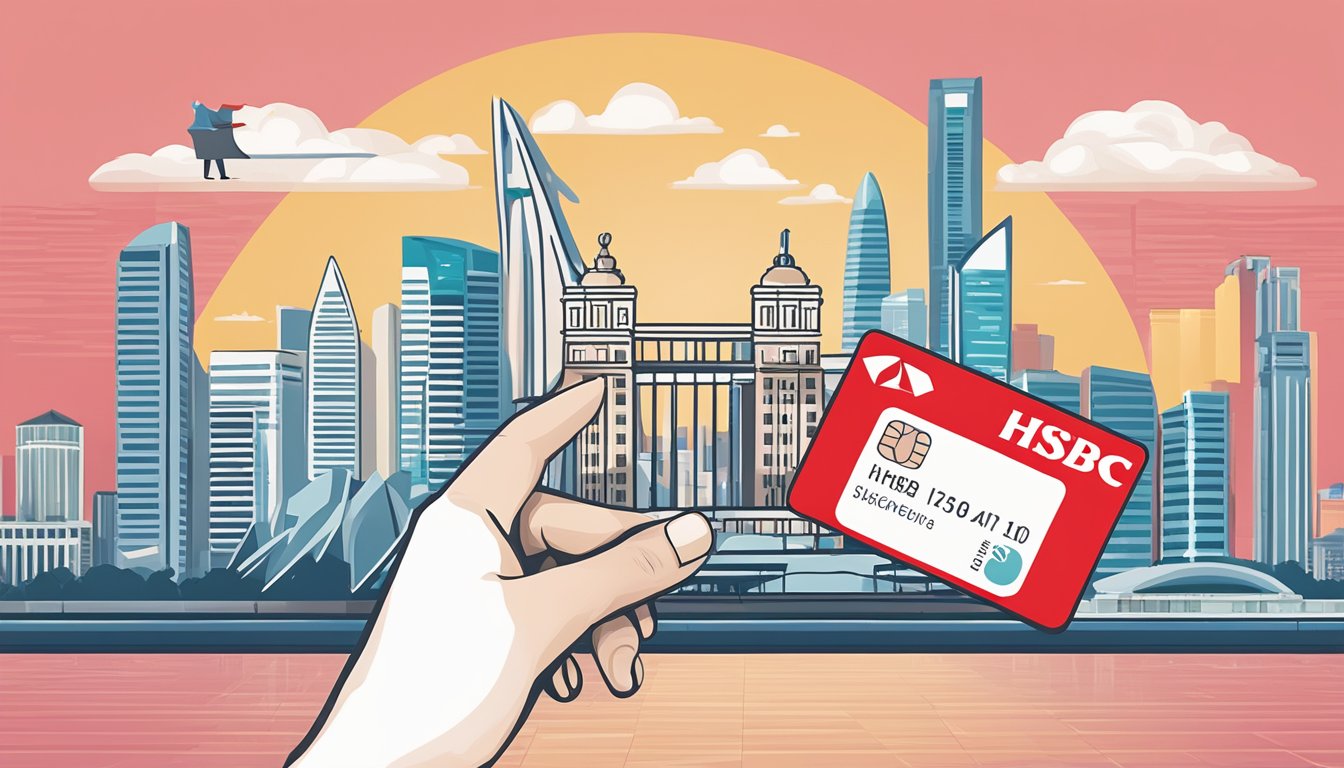 A hand holding an HSBC Choice Card against a backdrop of iconic Singapore landmarks