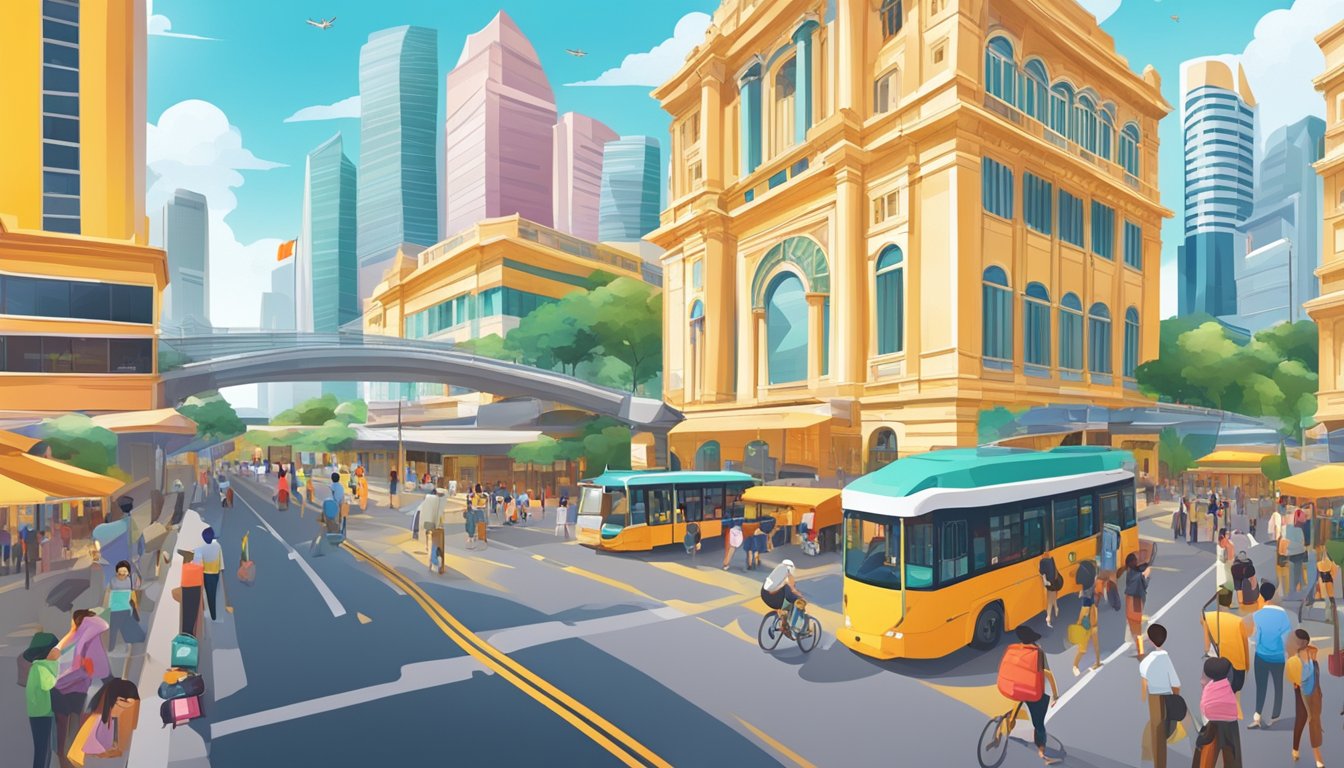 A bustling cityscape with iconic landmarks, busy streets, and vibrant colors representing the diverse culture and energy of Singapore