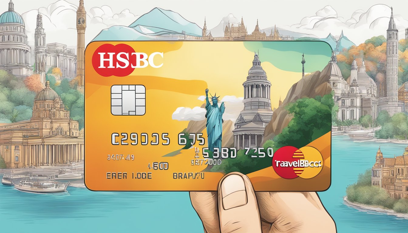 A traveler's hand holding an HSBC TravelOne credit card with iconic travel landmarks in the background