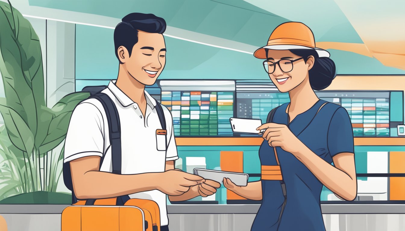 A traveler swiping an HSBC TravelOne card to earn rewards while booking flights and hotels in Singapore