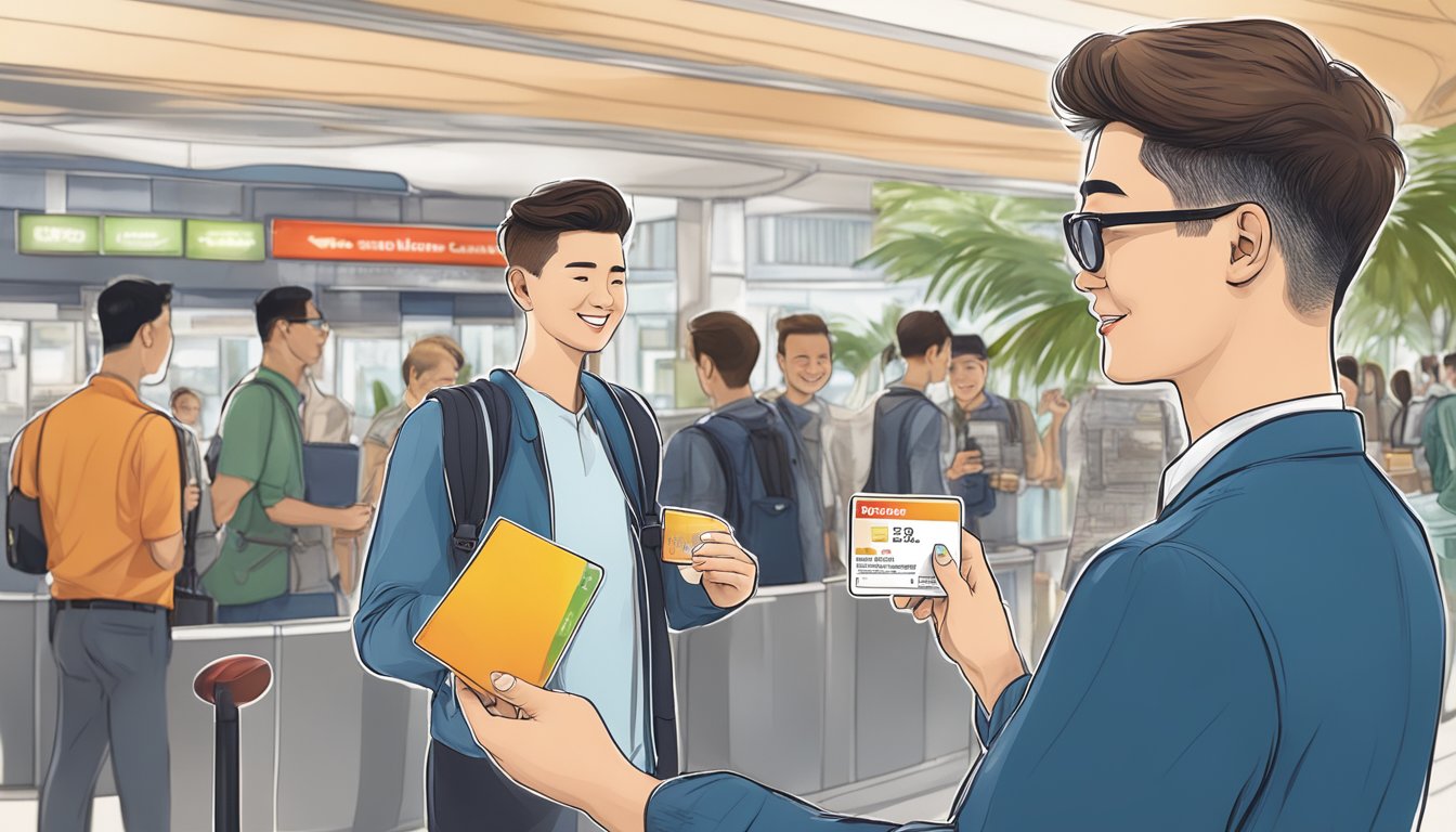 A traveler holding a TravelOne card, enjoying exclusive privileges at HSBC TravelOne in Singapore