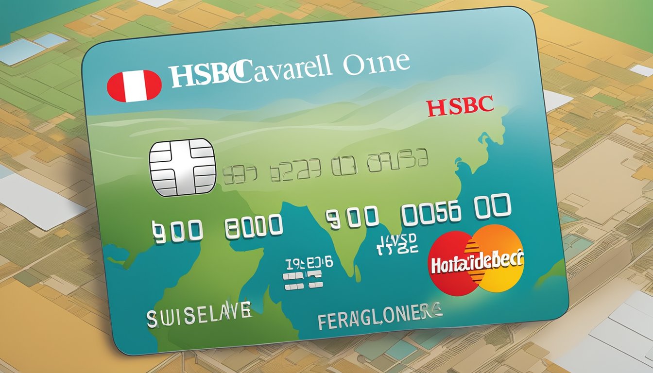 A credit card with "HSBC Travel One Singapore" displayed, surrounded by terms and conditions text