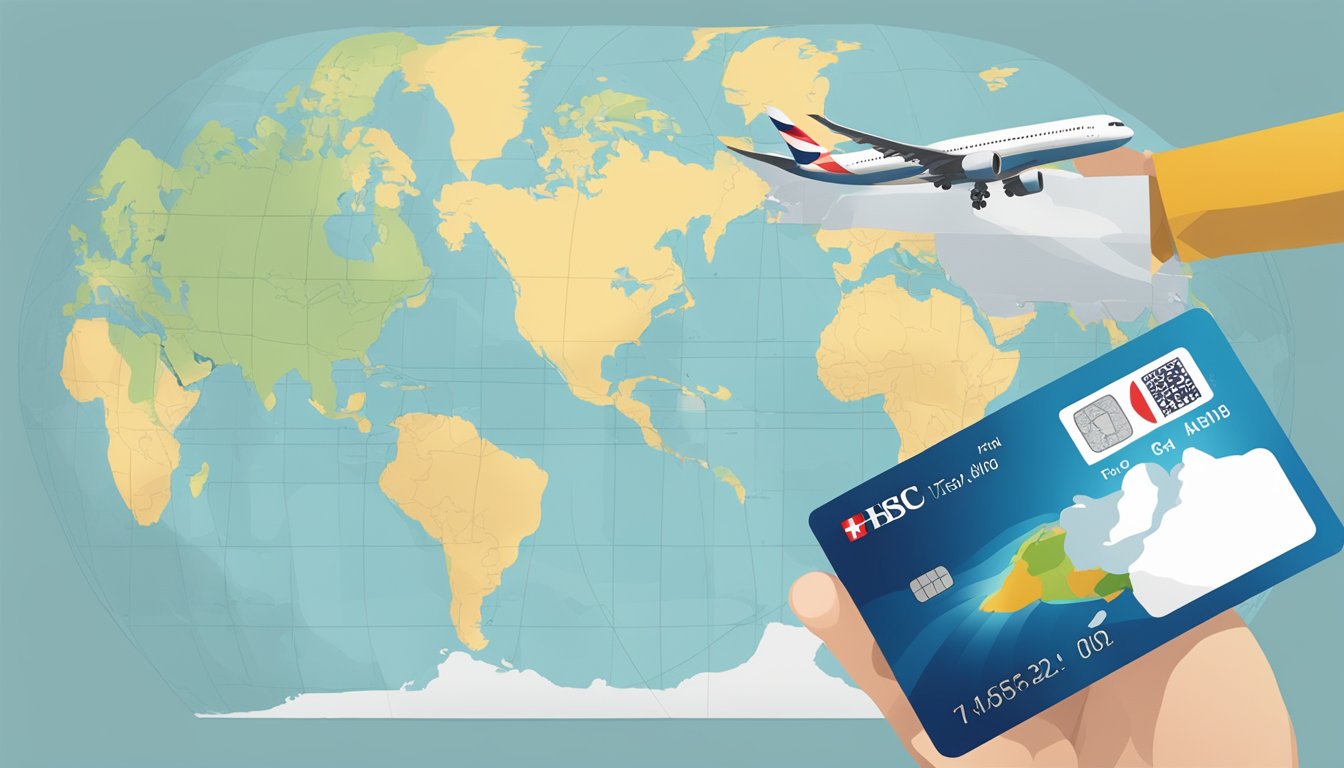 A traveler's hand holding a HSBC TravelOne card, with a world map and airplane in the background