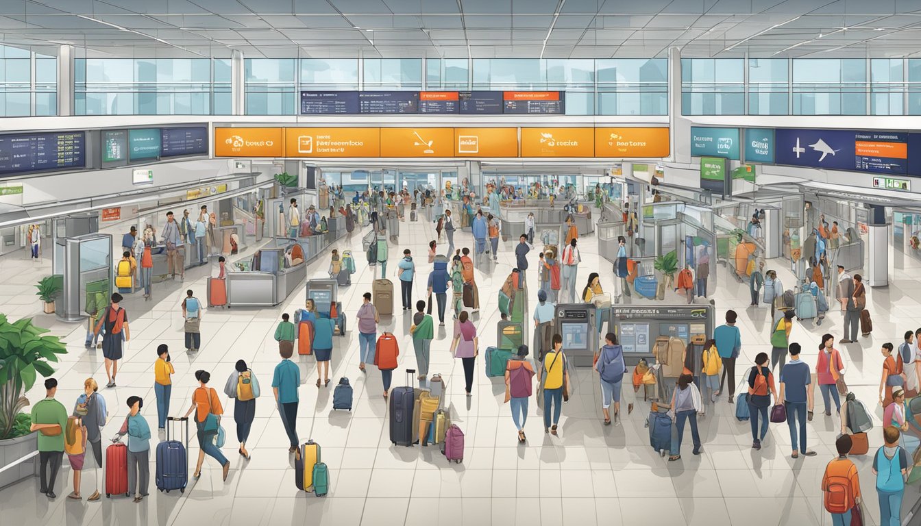 A crowded airport terminal with a large sign reading "Frequently Asked Questions HSBC Travel One Singapore" displayed prominently