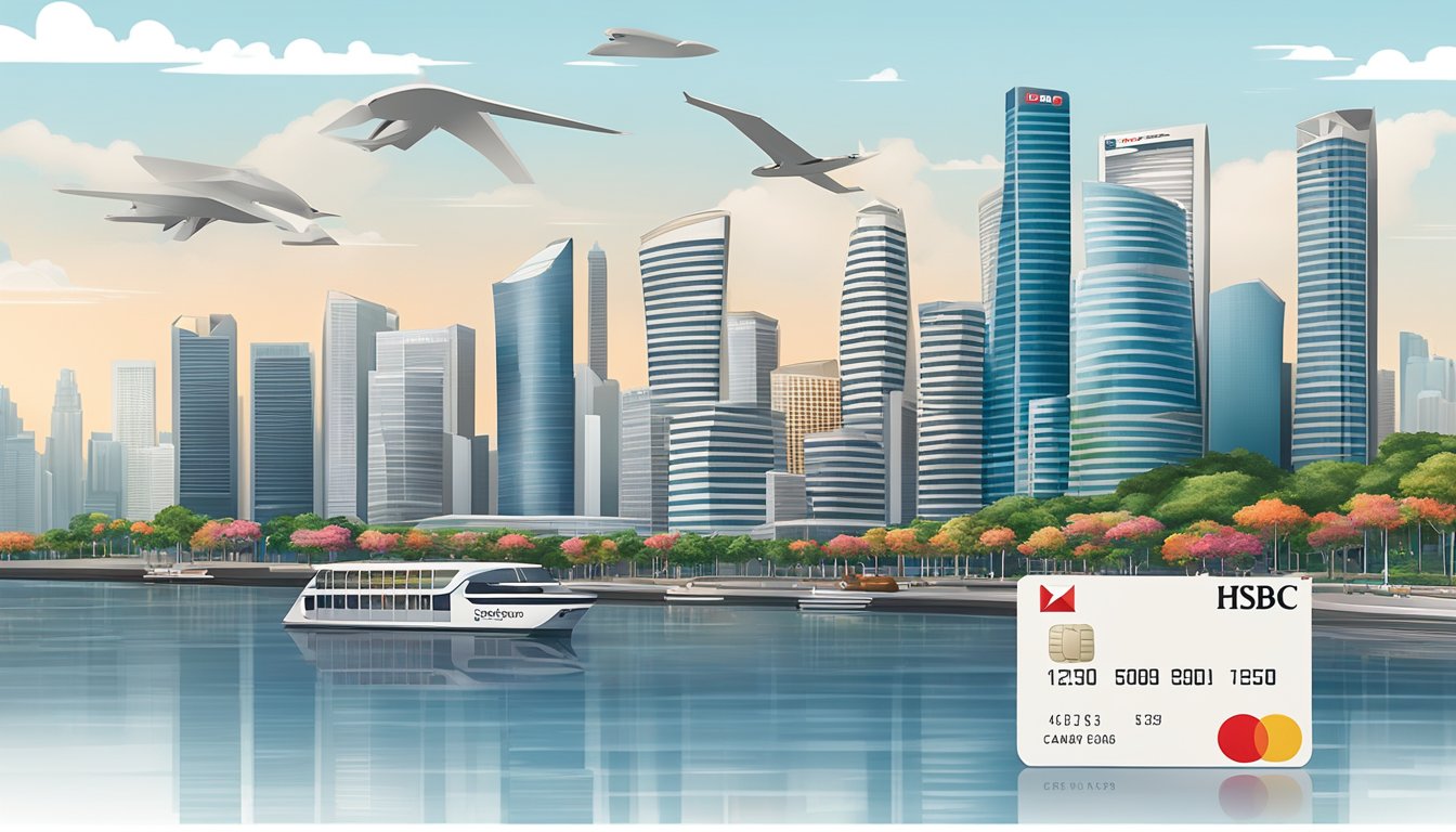 A sleek HSBC Visa Infinite credit card is displayed against a backdrop of the Singapore skyline, with iconic landmarks in the distance
