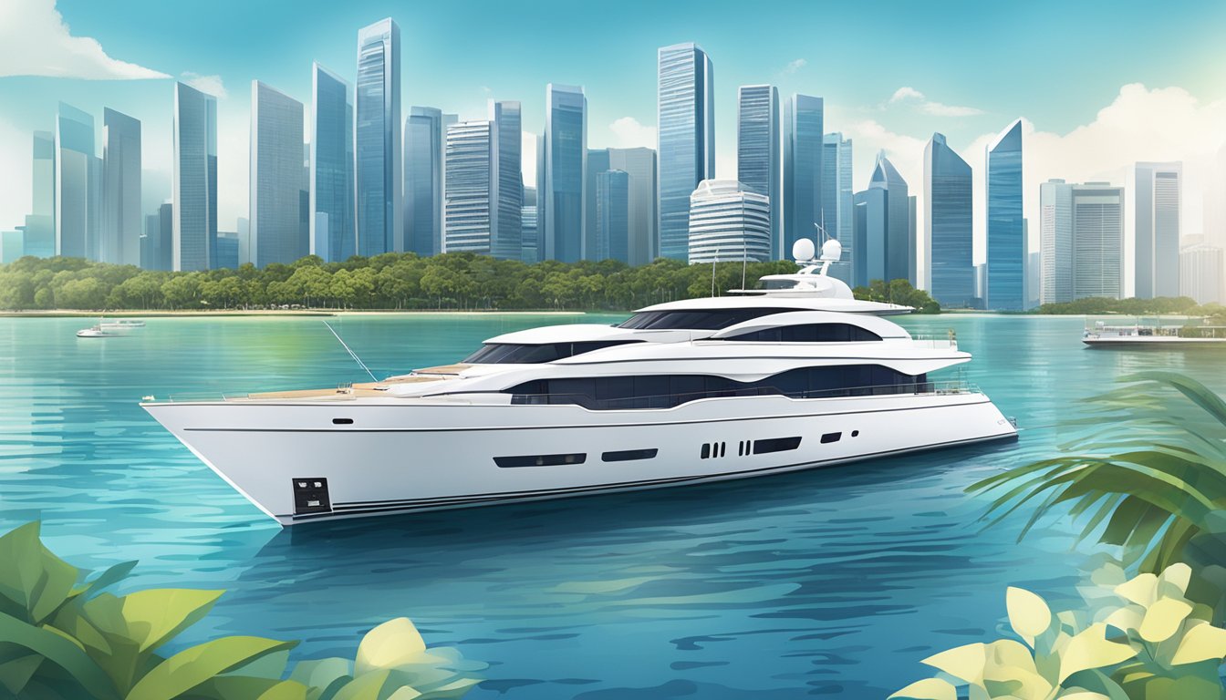 A luxurious yacht sailing on crystal-clear waters with the iconic skyline of Singapore in the background, showcasing the exclusive lifestyle benefits of the HSBC Visa Infinite card