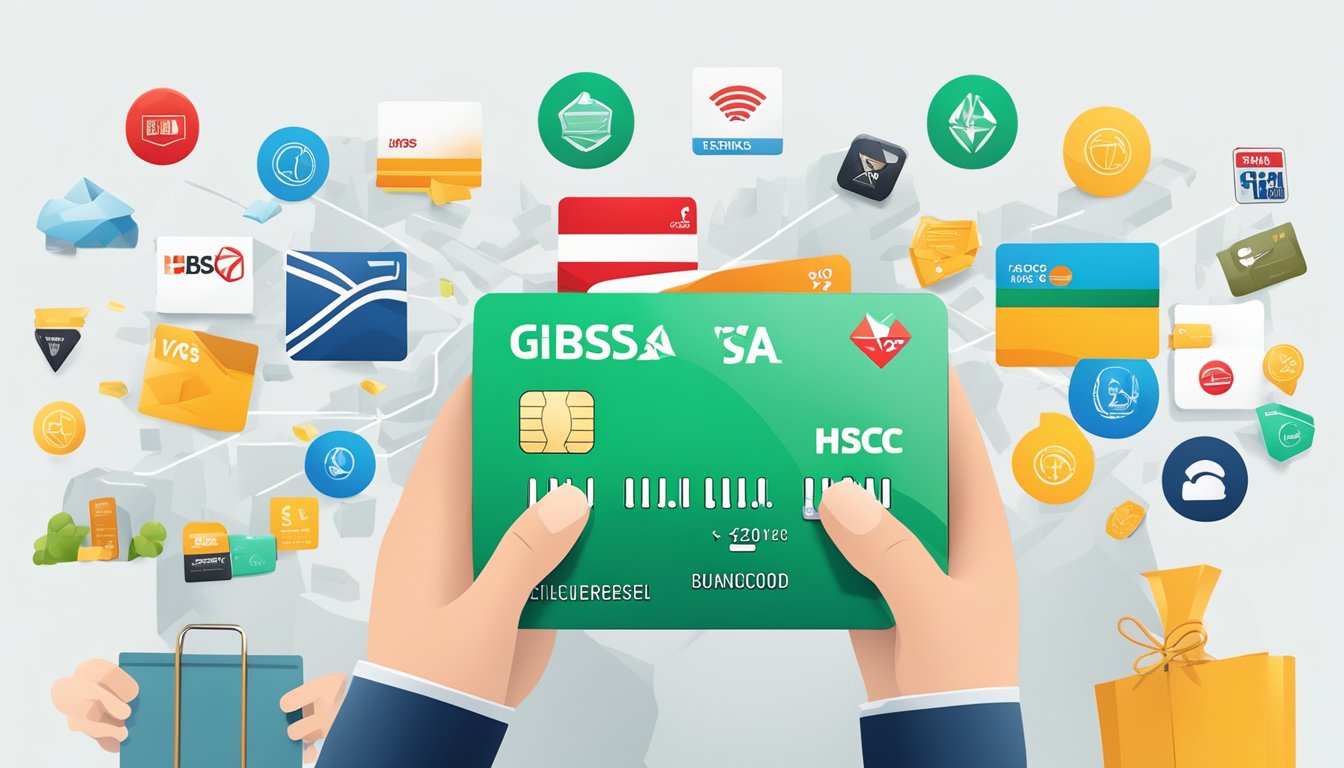 A gleaming HSBC Visa Infinite card surrounded by rewards and miles icons, symbolizing the benefits of the card for the user