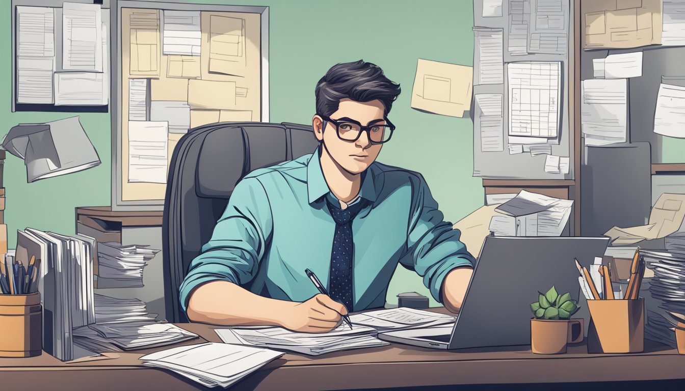 A person sitting at a desk, surrounded by bills and paperwork. A calculator and pen are in hand, with a look of determination on their face
