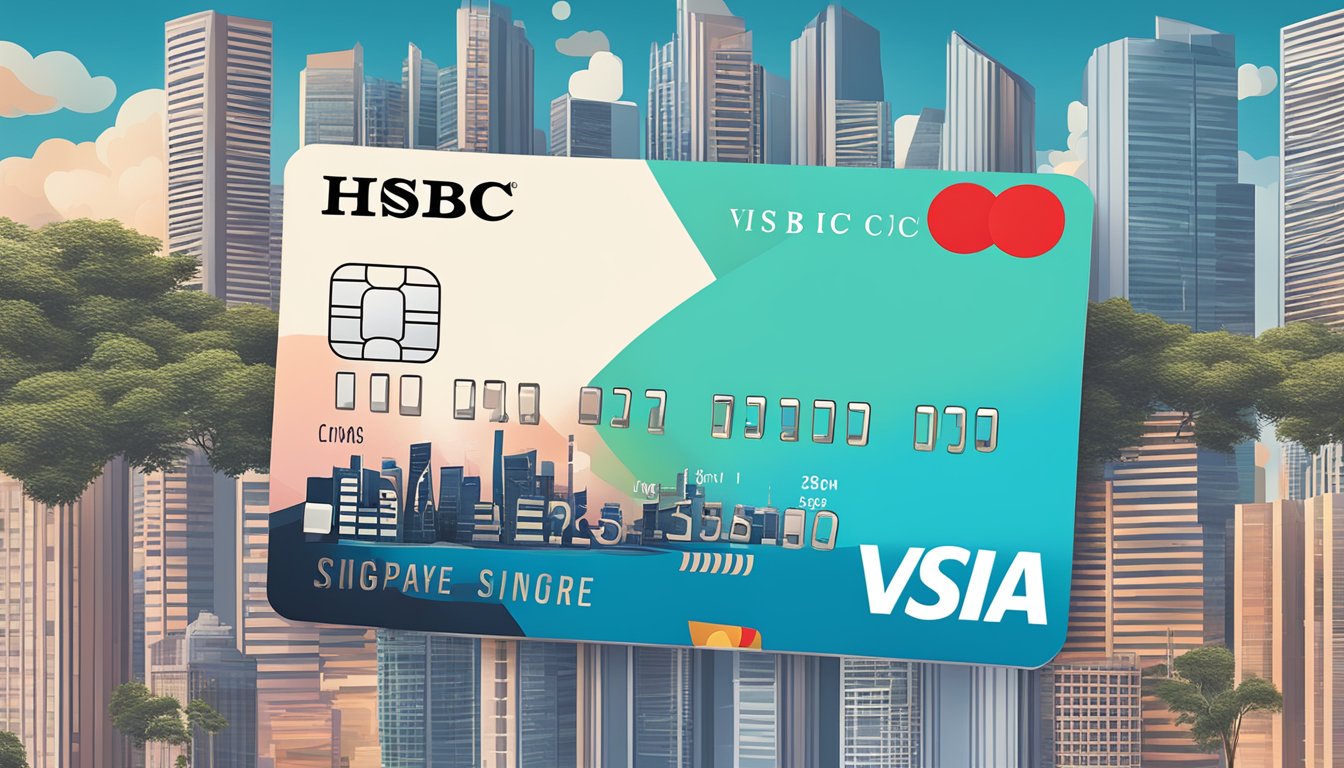 A sleek HSBC Visa Infinite card surrounded by question marks and a Singapore skyline in the background
