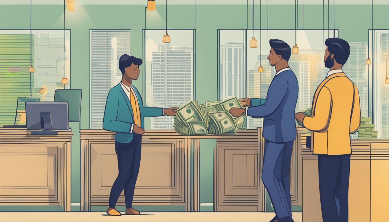 A person receiving money from a moneylender while another person receives funds from a financial institution. The moneylender is charging higher interest rates compared to the financial institution