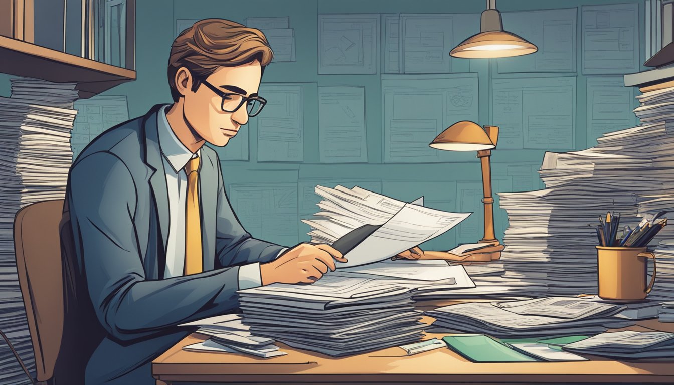 A person sits at a desk, surrounded by bills and statements. They carefully review each document, calculating totals and making notes. A sense of determination and focus is evident as they work to manage their consolidated debt