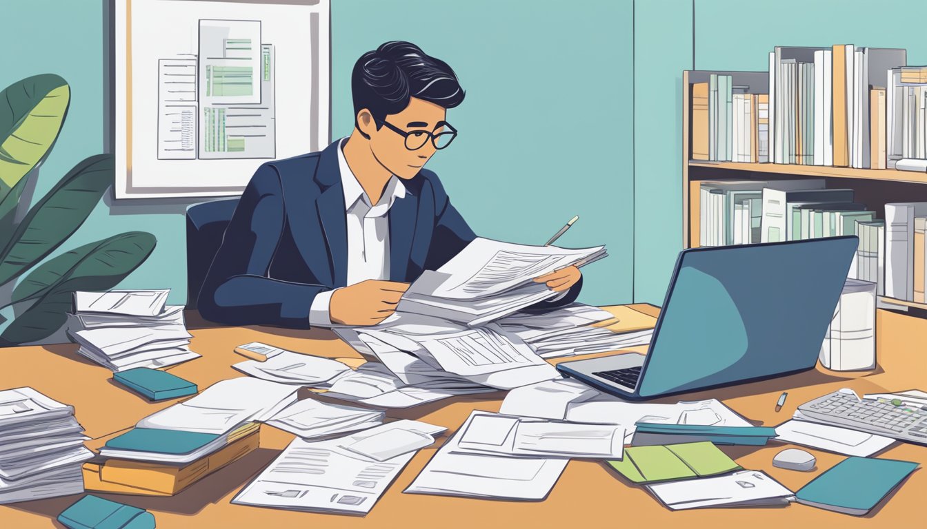 A person sits at a desk, surrounded by paperwork and a calculator. They are reviewing loan options for debt consolidation, with a moneylender in Singapore