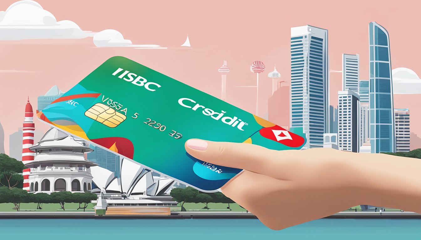 A hand holding an HSBC Visa Infinite credit card against a backdrop of iconic Singapore landmarks