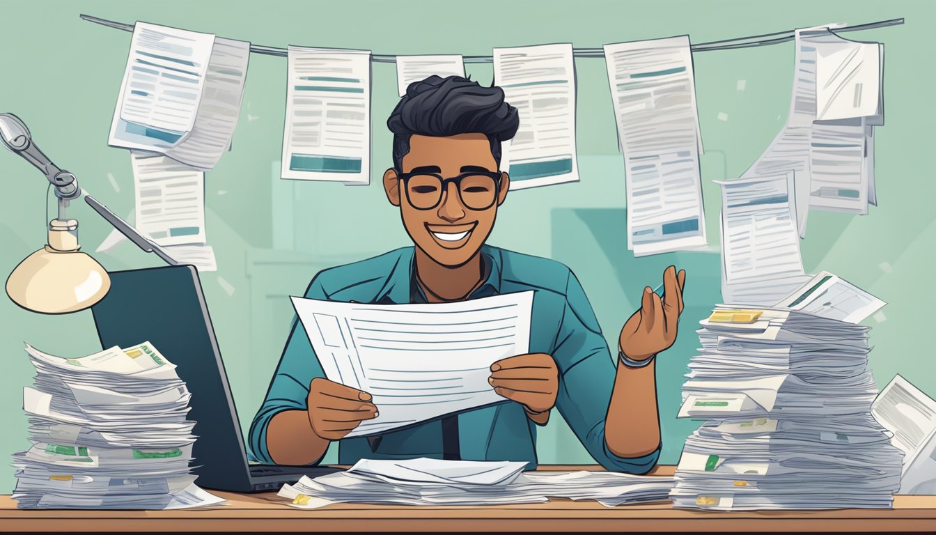 A person sitting at a desk, surrounded by bills and financial documents. They have a look of relief and satisfaction on their face as they hold a loan approval letter in their hand