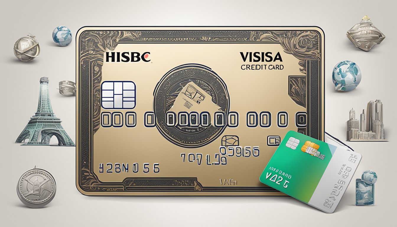 A luxurious HSBC Visa Infinite credit card surrounded by rewards and benefits like travel perks, exclusive offers, and cashback incentives